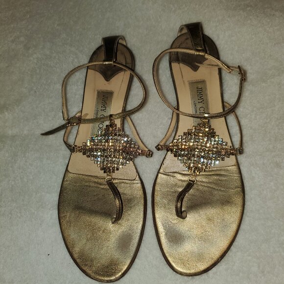 Jimmy Choo Sandals Size 8. Gold, Brown Rhinestones, Pre Owned, Luxury - Picture 1 of 15